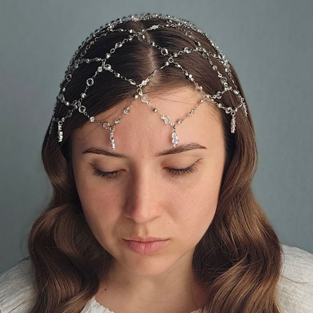 Cross-Border New Mesh Hair Chain for Women, Light Luxury, Heavy Craftsmanship, High-End Water Drop Pendant, Rhinestone Headwear, Niche Fashion Hair Accessories