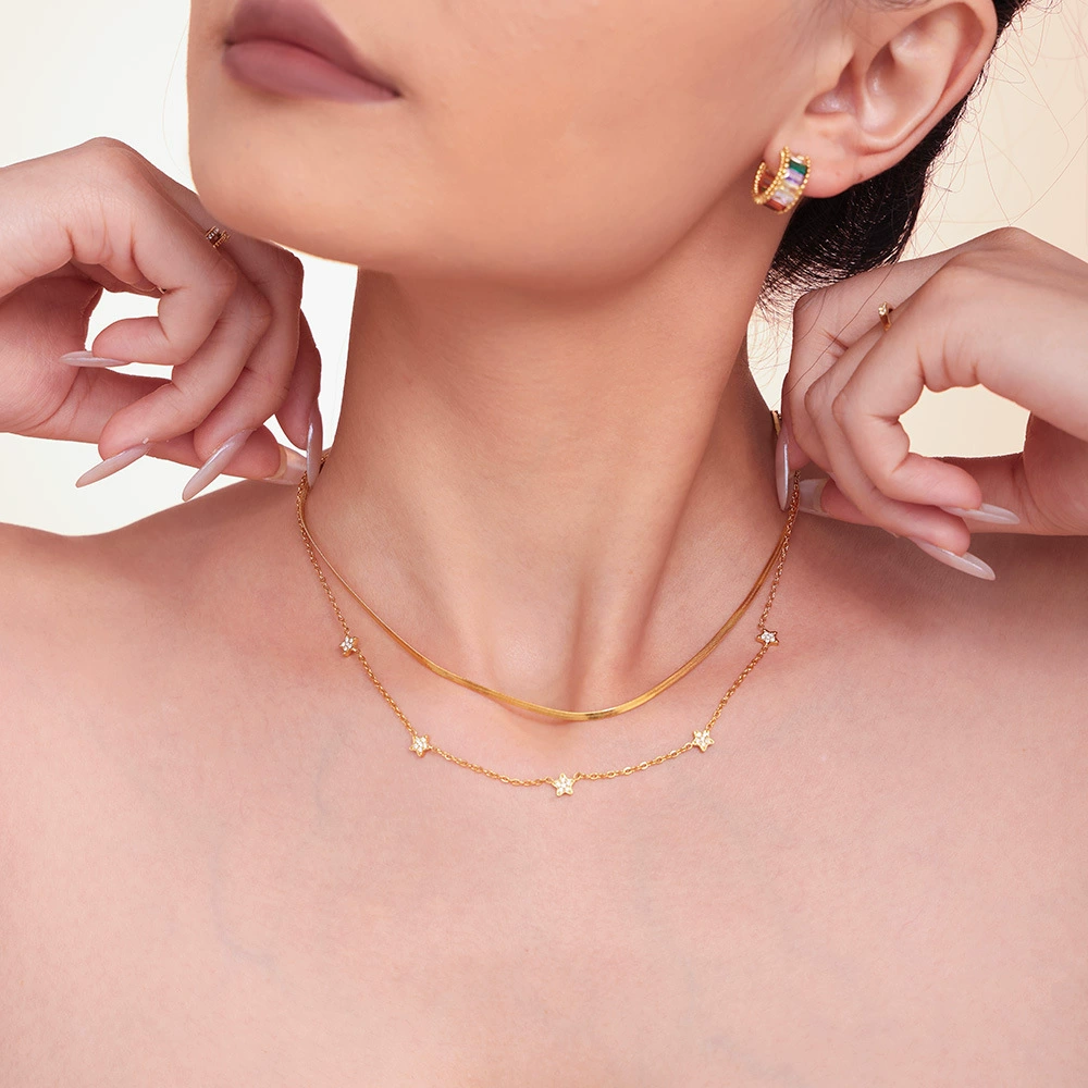 Xinyixin Jewelry CNC пентаграмма циркон небольшой бриллиант звезда зажим камень ожерелье титановая сталь позолота простая двойная цепь