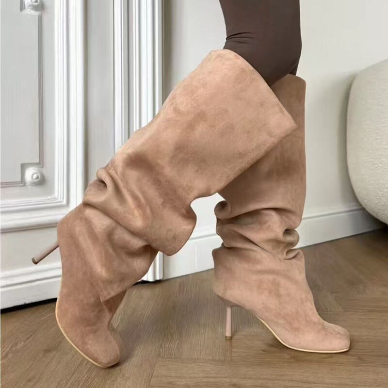 Customized Export Maillard Round-Toe Stiletto High Boots for Women, Genuine Leather Ruched Slouch Boots, Slimming High-Heeled Long Boots for Women