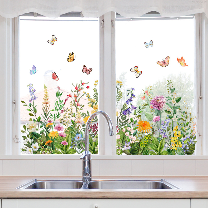 D13550 Creative Retro Flower Butterfly Electrostatic Sticker Glass Sticker Window Glue-Free Home Removable Window Sticker