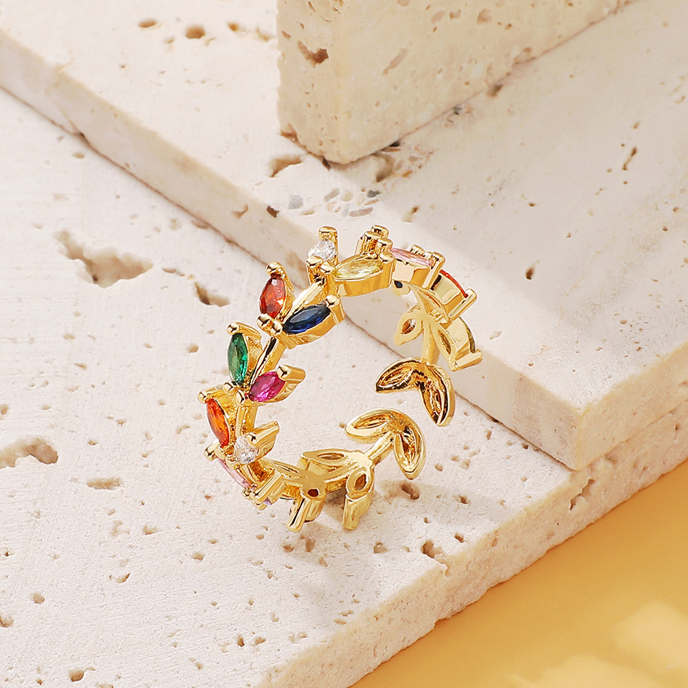 Sweet Leaf Copper Plating Zircon Open Ring 1 Piece