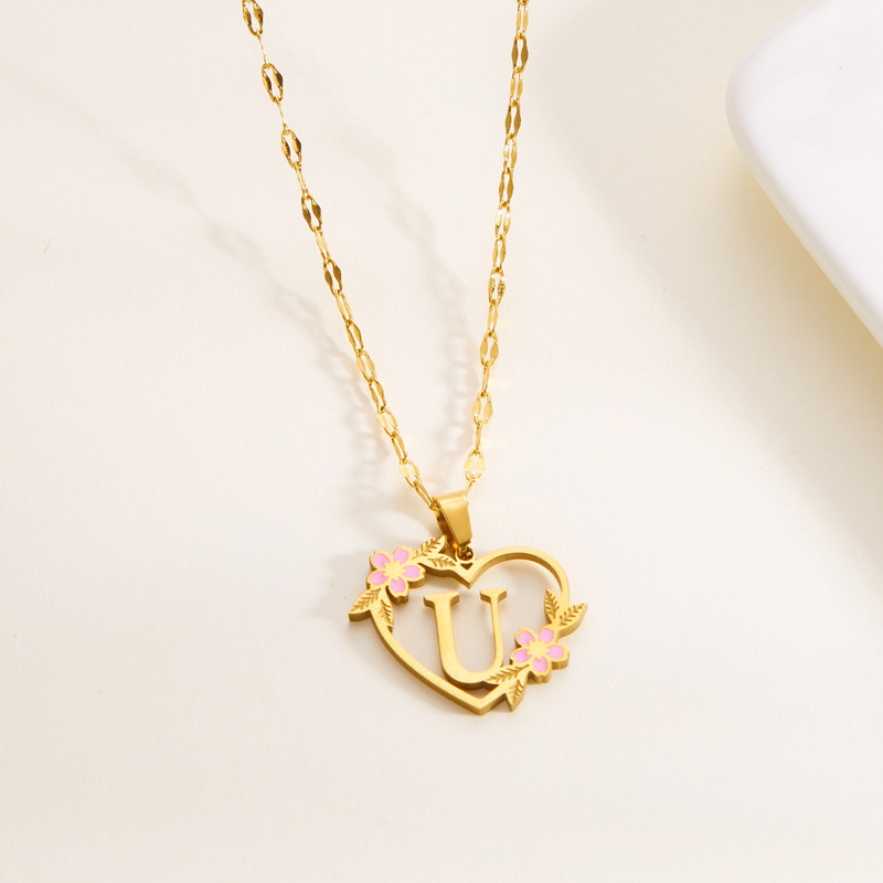Collana alla moda in titanio con 26 lettere a forma di cuore e fiore, collana con catena a goccia in acciaio inossidabile creativa da donna_voghion.com