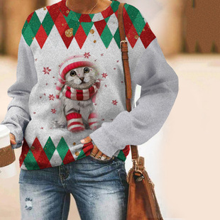 2022 European and American cross-border new women's clothing digital printing Christmas vintage printed plaid round neck sweater DIY