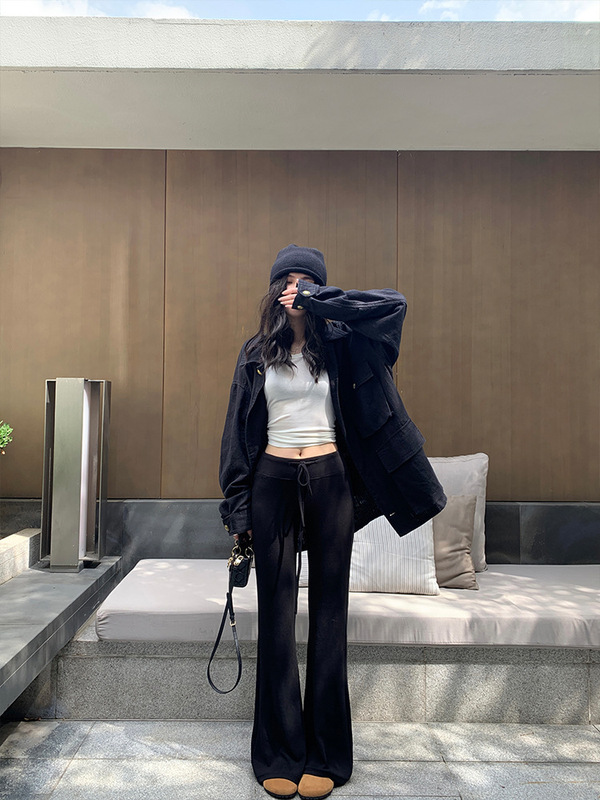 抽绳系带垂垂裤女2025新款针织垂感松弛慵懒风显瘦直筒窄版休闲裤|undefined