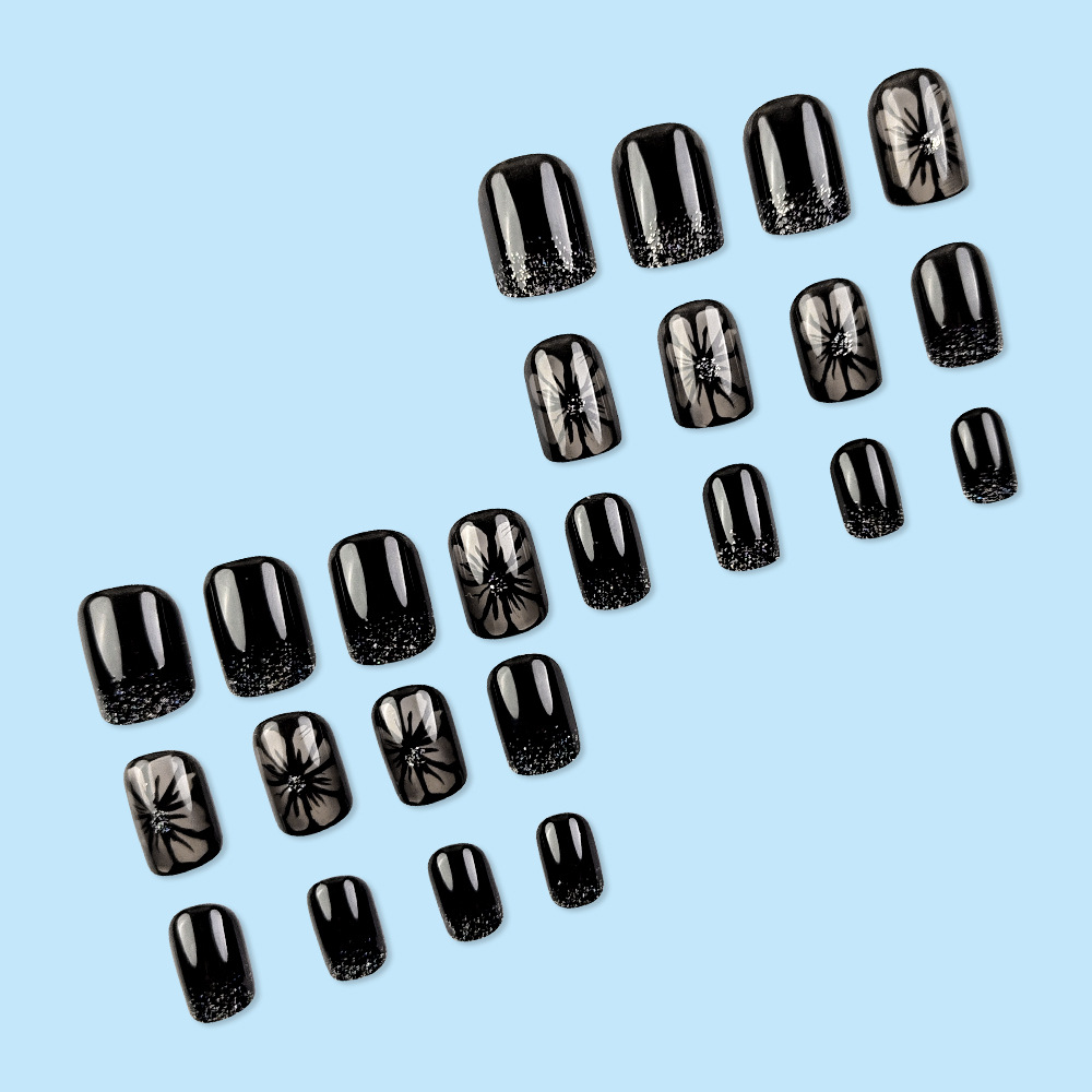 Hielo a través de crisantemo negro dulce y cool manicure parche de uñas corto brillo de polvo parche de uñas flores de venta caliente en Europa y América para usar uñas
