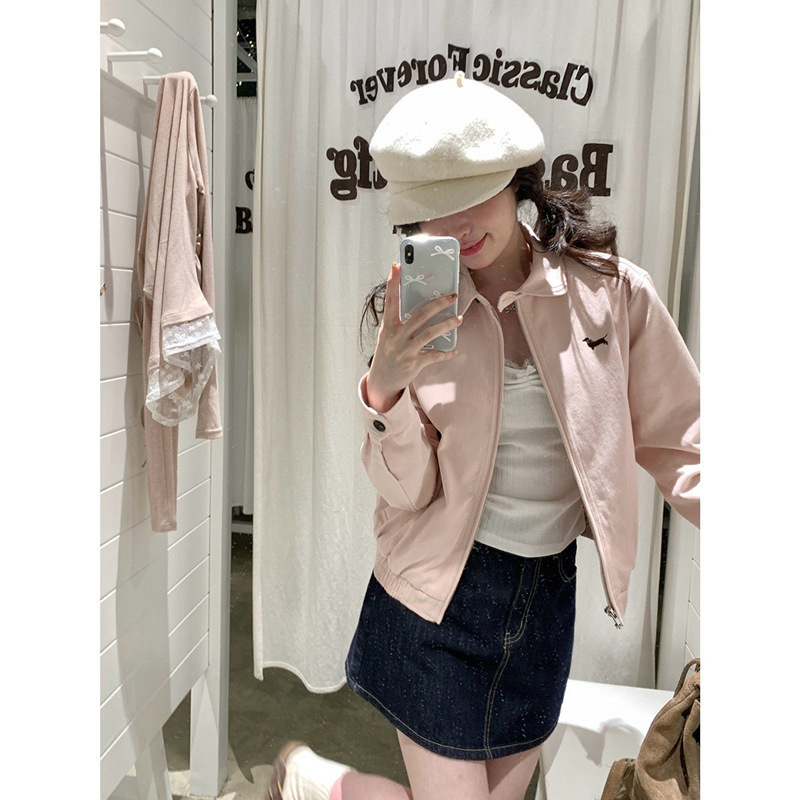 Ptonumi Dorothy Dream Pink Dachshund Embroidered Jacket Women's Autumn Korean Loose Casual Lapel Jacket