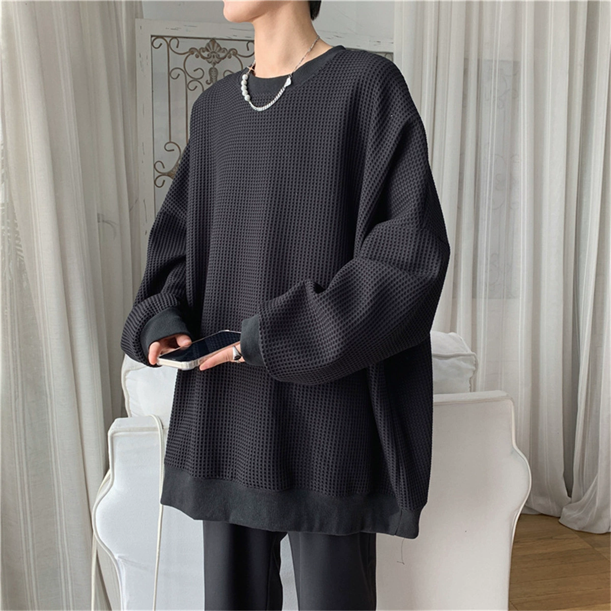 Вафельная однотонная футболка с длинными рукавами для мужчин, весна-осень 2021, повседневная толстовка, мужская свободная рубашка с длинными рукавами и круглым вырезом, мужская одежда