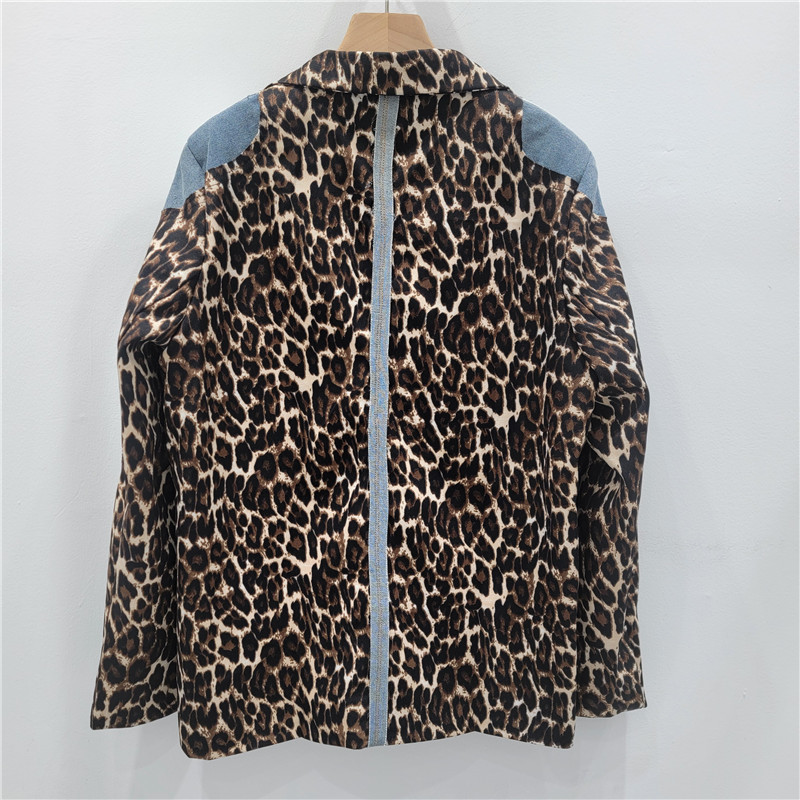 Saco Blazer con Estampado de Leopardo y Mezclilla de Poliéster Manga Larga para Otoño