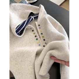 韩系慵懒风彩色纽扣半拉链连帽卫衣女秋冬新款设计感百搭针织上衣