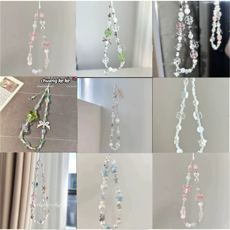 Family Photo Pink Cherry Blossom Metal Heart Ccd Camera Strap DIY Beads Phone Chain Lanyard Phone Case Pendant