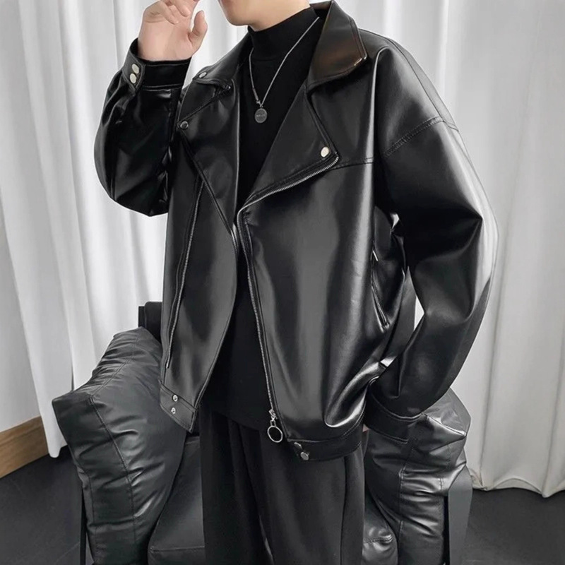 American Retro Motorcycle Leather Jacket for Men, Autumn Trendy Brand, Diagonal Zipper, Large Lapel, Short Pilot Leather Jacket for Men