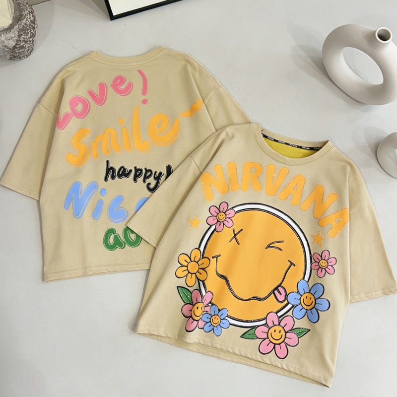 Early Spring New Cartoon Nirvana Smiley Face Print Loose Women's T-Shirt Round Neck Short-Sleeved Trendy Top Early Spring New Cartoon Nirvana Smiley Face Print Loose Women's T-Shirt Round Neck Short-Sleeved Trendy Top