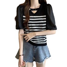2025夏季薄款百搭显瘦洋气条纹拼接针织开衫短袖女小衫泡泡袖上衣