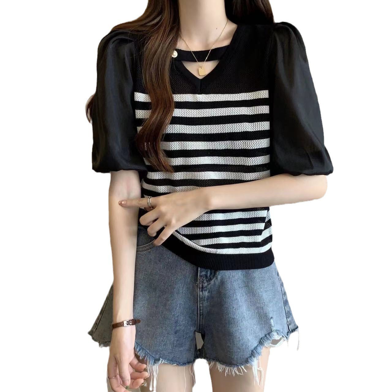 2025夏季薄款百搭显瘦洋气条纹拼接针织开衫短袖女小衫泡泡袖上衣
