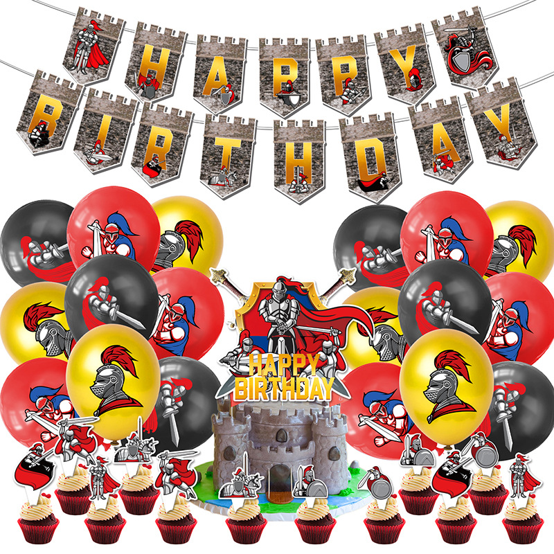 中世纪主题拉旗螺旋蛋糕插牌气球纸盘纸巾一次性餐具