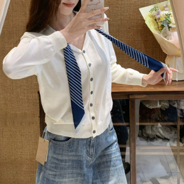 韩系优雅绝美纯色飘带领长袖针织开衫女秋季款高级感洋气外套上衣|undefined