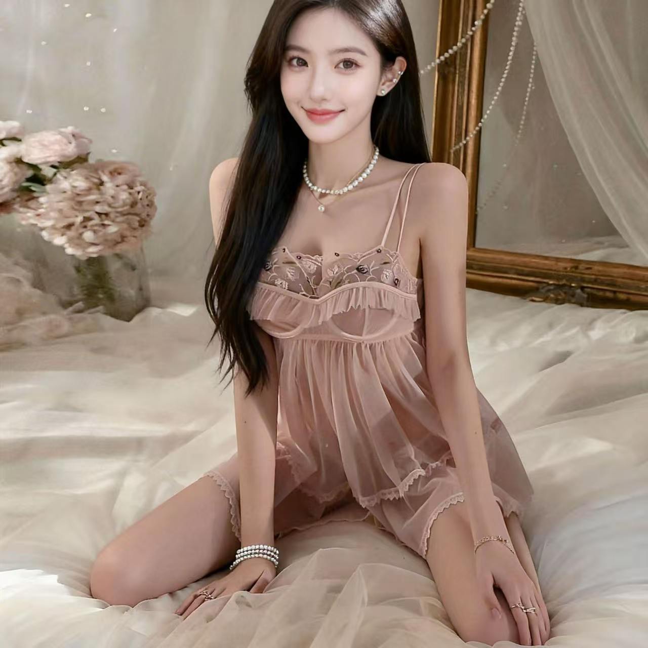 French-Style Sheer Mesh Lace Nightgown with Underwire, Embroidered Pink Babydoll Loungewear — detail image 4