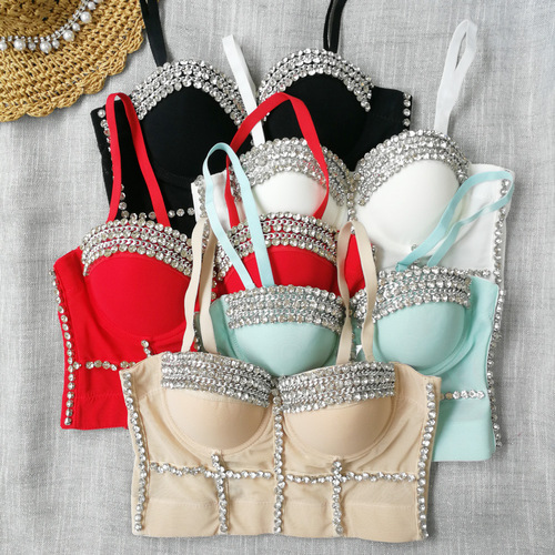 MAX Little Overlord's same style European and American fashion beaded and bright diamond hip-hop performance clothes slimming body-shaping clothes Internet celebrity suspenders for women