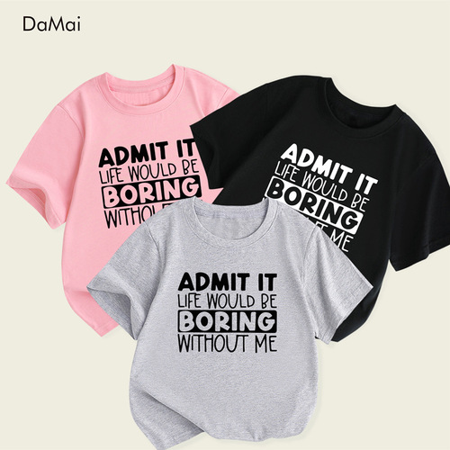 Ozon Cross-border European and American-style Girls' Short-sleeved T-shirt with Letter Print, Summer New Arrival Casual Crewneck Kids' T-shirt for Foreign Trade