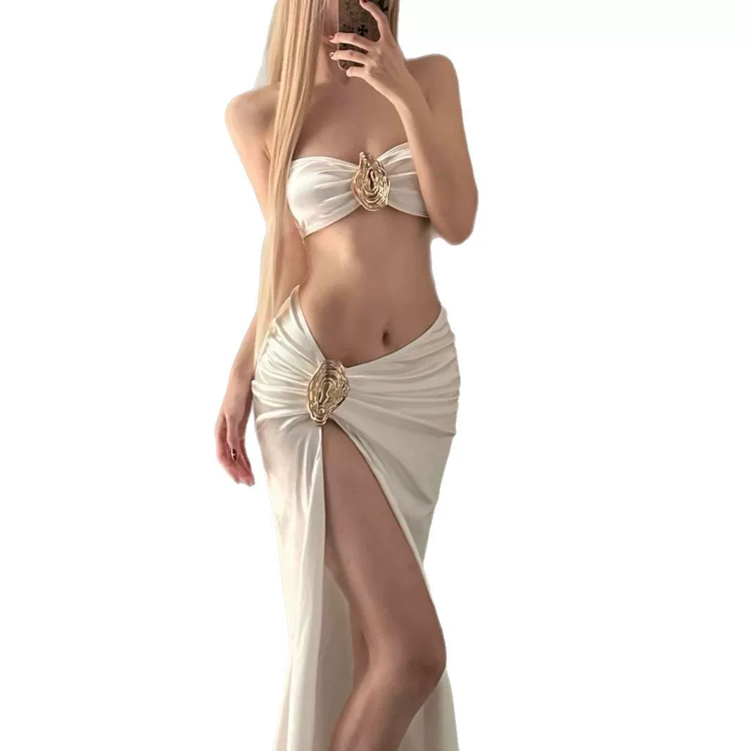 3‑предметный пляжный комплект tube top, европейский стиль, перламутровый и шампань, размеры S–L