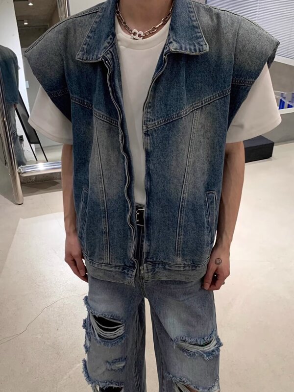 Denim Vest Men's Fashion Brand High Street Zipper Motorcycle Jacket Waistcoat Vest Loose Hong Kong Style Jacket