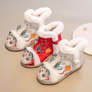 Girls' Hanfu shoes antique ancient chinese folk costumes qipao cheongsam dress tang suit embroidered shoes for kids winter velvet New Year's cotton boots