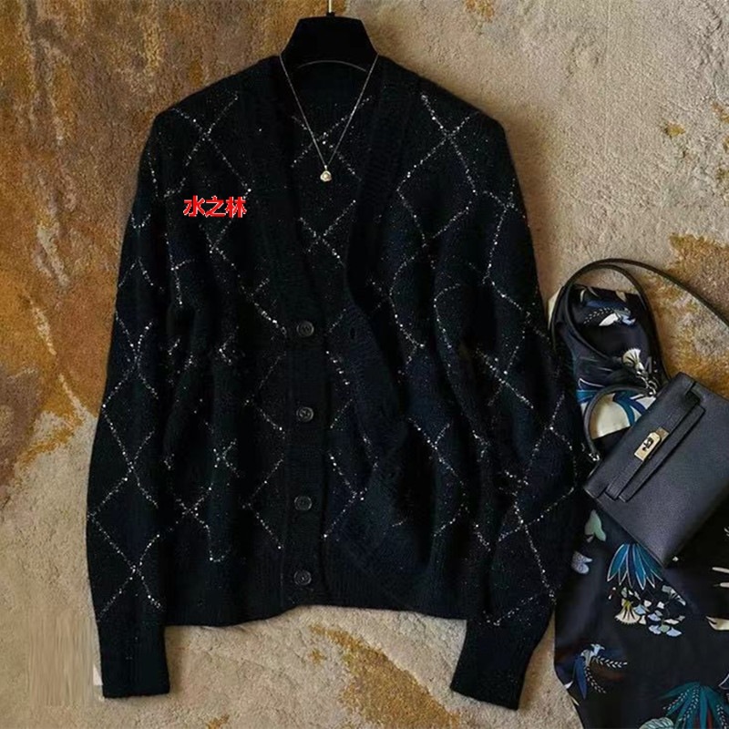 가디건 | 여성 가을, 겨울 새로운 스타일의 루즈하고 다재다능한 스웨터를 위한 반짝이는 블랙 다이아몬드 니트 스웨터 탑