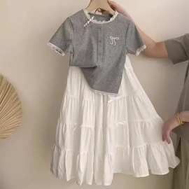 女童短袖半身裙套装夏季新款中大童韩版时尚花边T恤蛋糕裙两件套