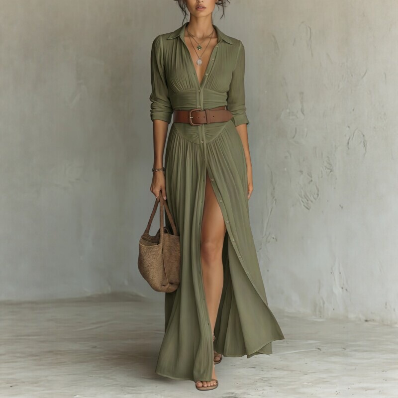 European and American Style V-Neck Long Slit Dress for Women, Summer Solid Color Slimming Vacation Style Shirt Dress with Belt Design European and American Style V-Neck Long Slit Dress for Women, Summer Solid Color Slimming Vacation Style Shirt Dress with Belt Design
