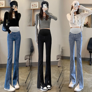 in stock High Elastic Pregnant Women's Micro-flared Pants Spring and Autumn Pregnant Women's Jeans Slim-fit Outer Wear Slimming Pregnant Women's Abdominal Pants