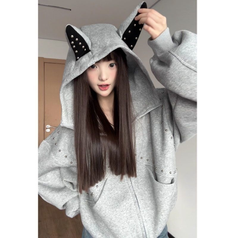 小恶魔铆钉连帽开衫卫衣女秋美式复古外套休闲宽松设计感夹克上衣