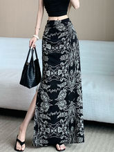 潮流复古印花半身裙女夏季薄款修身显瘦时尚气质侧开叉包臀裙