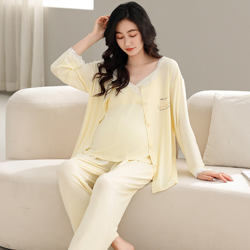 モーダルカーディガン レディース パジャマ マタニティ サスペンダー 長袖ズボン 春夏 3点セット 授乳ベルト 胸パッド付き 産後服