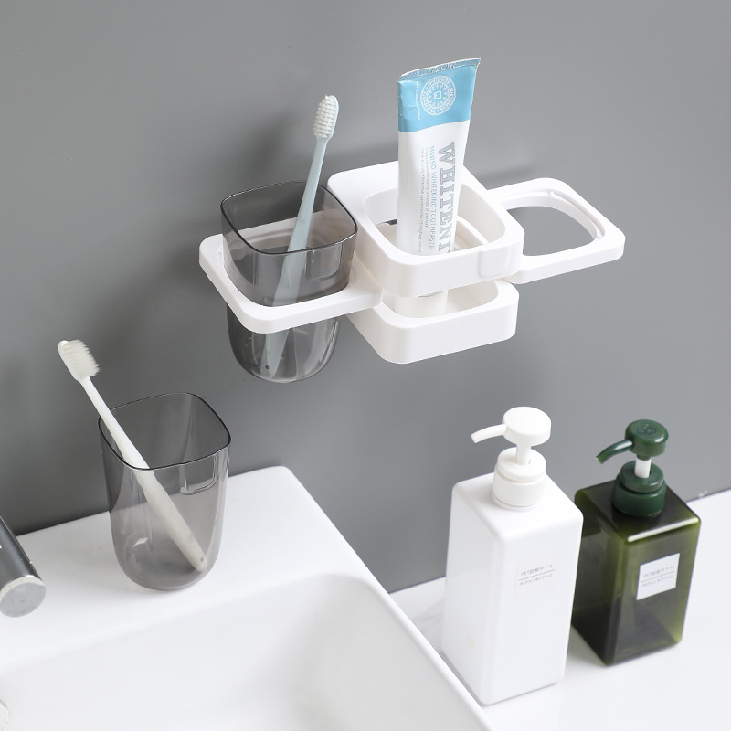 Porta spazzolino e dentifricio minimalista e creativo per il bagno, senza foratura, pieghevole, con ventosa e supporto per bicchiere per collutorio._voghion.com