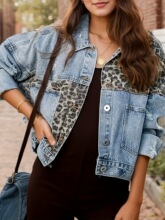Q 16148L Leopard Print Splicing Denim Jacket ���yƴ������