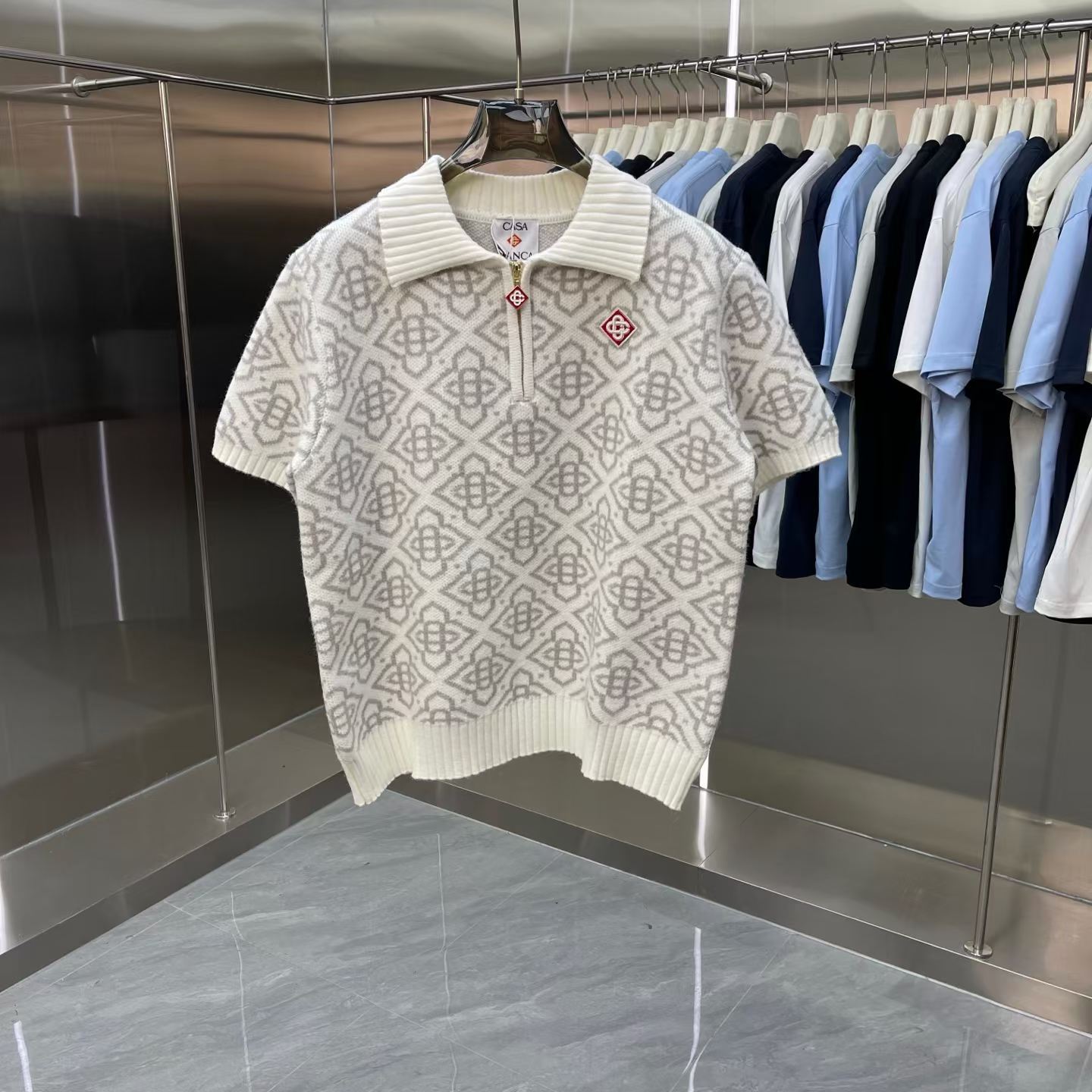 Casablanca Monogram Knit Quarter-Zip Polo Shirt White