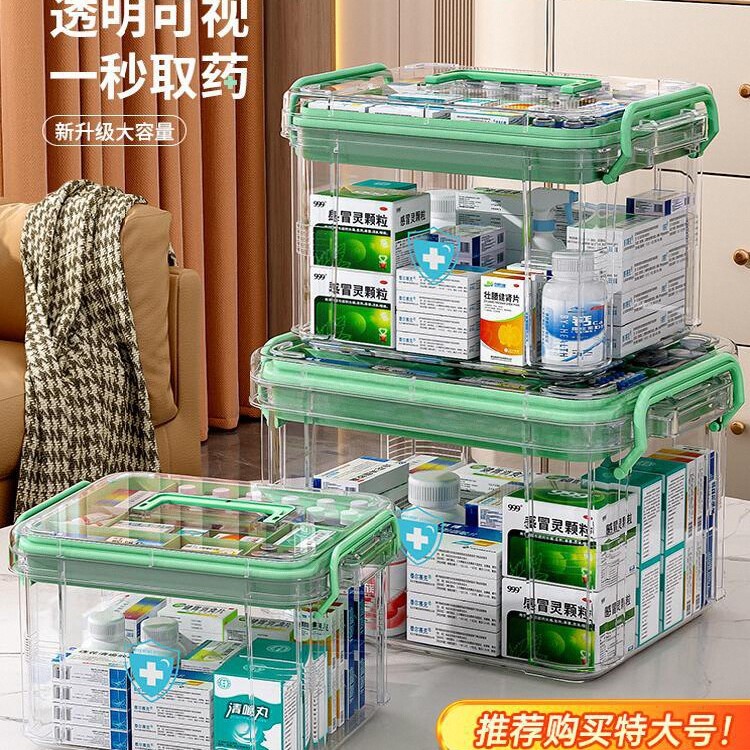 Multi-layer medicine box household, home medical cabinet, large capacity drug storage box, transparent large medical emergency first aid kit