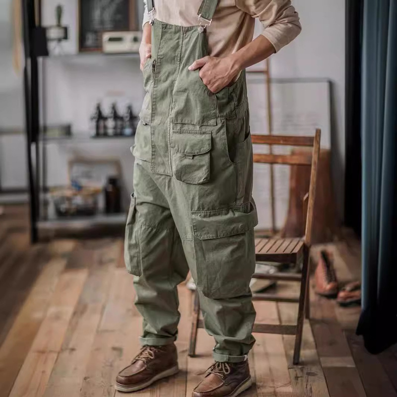 American Retro Workwear Overalls Ami Khaki Loose Washed Jumpsuit Men's Suspenders K305