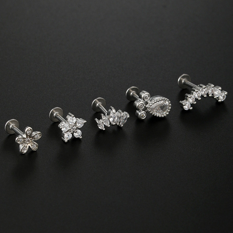 Hip-Hop Geometric Flower Stainless Steel Inlay Zircon lip stud 1 Piece