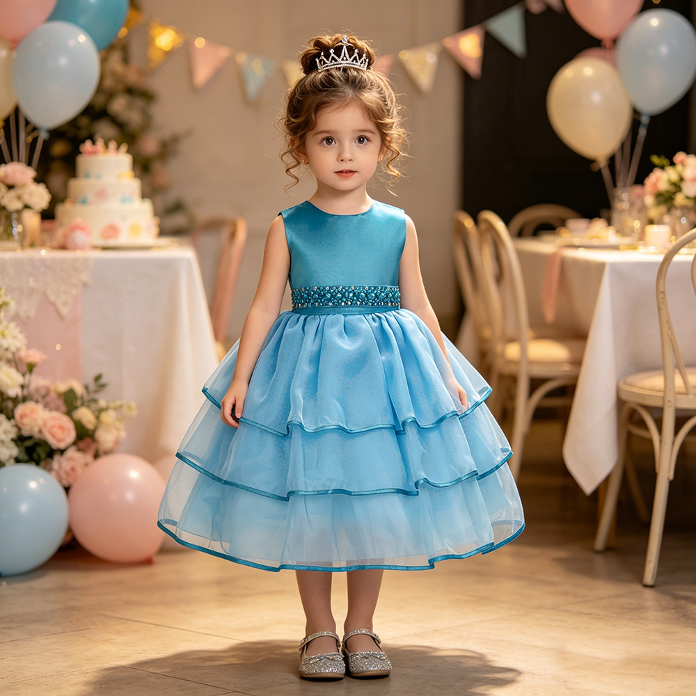 Foreign Trade Summer European and American Girls Princess Dress Children's Hand-stitched Beaded Belt Dress Mesh Flower Girl Wedding Dress