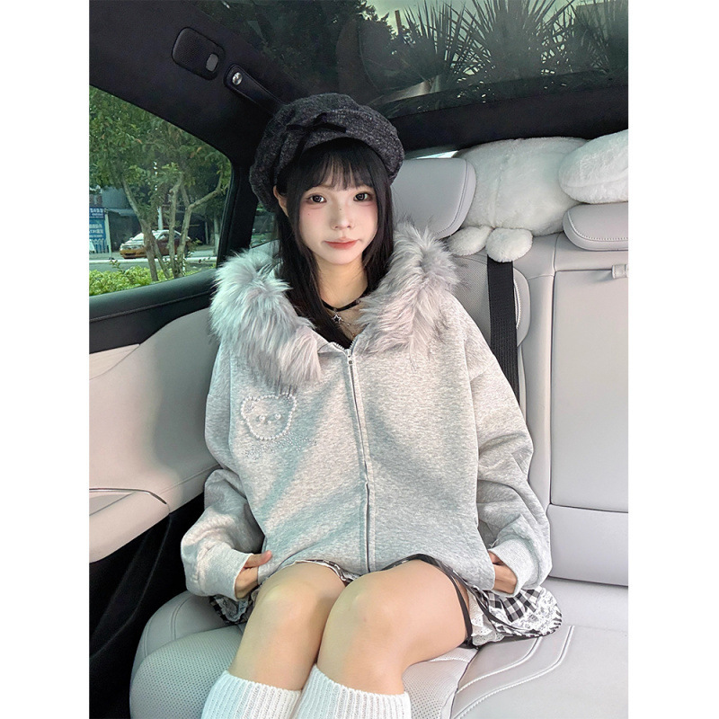 Furry Ears Bear Pearl Fur Collar Hooded Sweatshirt Women's Autumn and Winter Casual Loose Easiest for Match Velvet Cardigan Jacket