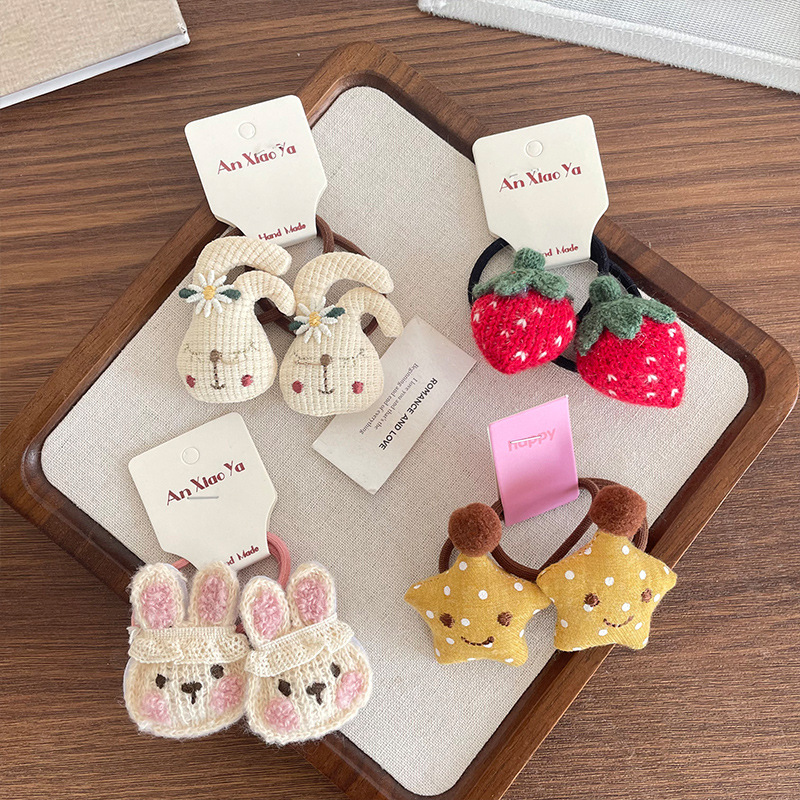 Mori Fabric Cartoon Rabbit Hair Ring Fruit Strawberry Embroidered...