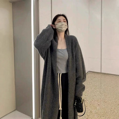 灰色中长款过膝毛衣外套女春秋冬季慵懒风加厚百搭针织衫开衫大衣