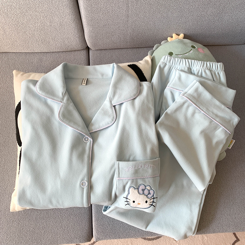 Negro HelloKitty pijamas de terciopelo de mujeres primavera y otoño invierno coral terciopelo de coral 2024 nuevo conjunto de engrosamiento