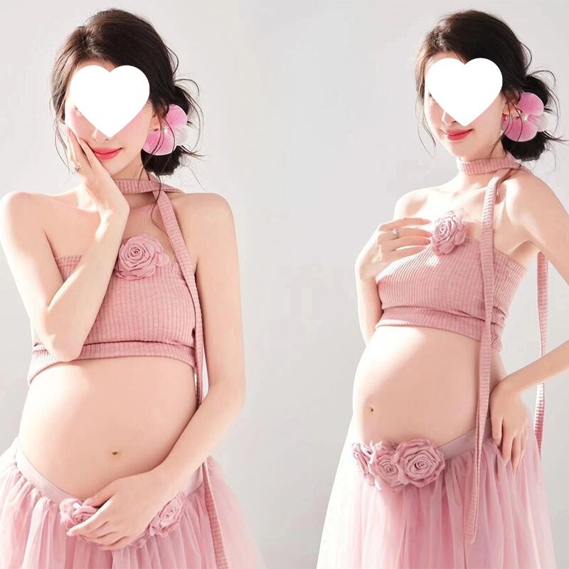 New Style Korean Aesthetic Pink Outfit for Pregnant Women for Photoshoots, Suitable for Pregnant Moms to Take Photos at Home