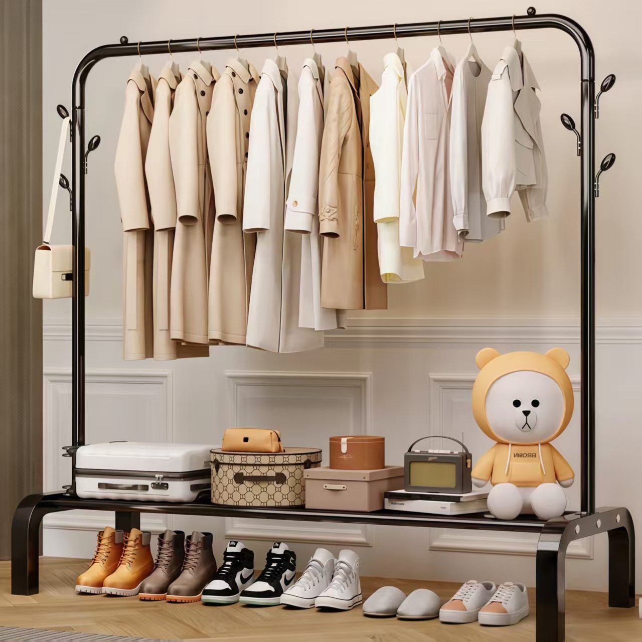 Perchero sencillo de interior, perchero de suelo para balcón o dormitorio, perchero móvil reforzado con doble barra para colgar ropa