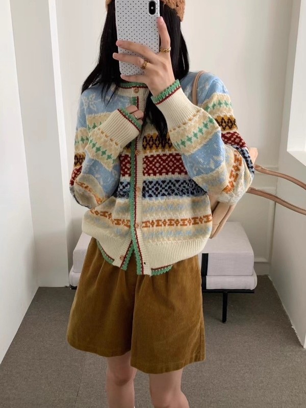 费尔岛复古撞色提花毛衣女2025新款外套高级感针织开衫短款上衣秋|undefined