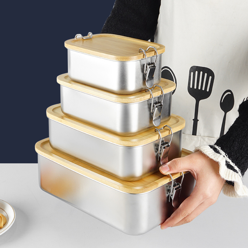 Caja de almuerzo de acero inoxidable 304 con tapa de bambú Caja de almacenamiento de refrigerador japonés fresco caja de almacenamiento caja de almuerzo cuadrada con hebilla