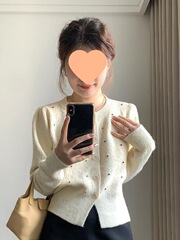 小香风圆领彩色烫钻毛衣针织开衫女秋季超好看短款小外套上衣