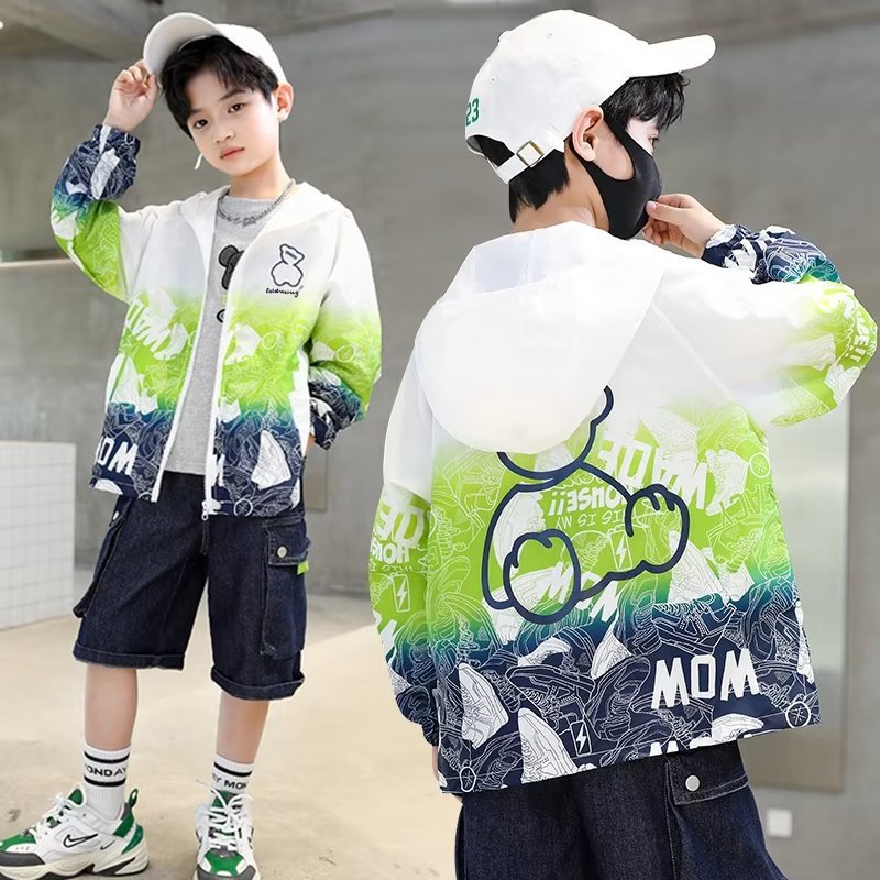 boy‘s sun protection clothing summer 2024 thin sun protection coat for middle and big children trendy gradient loose summer wear sun-protective clothing trendy
